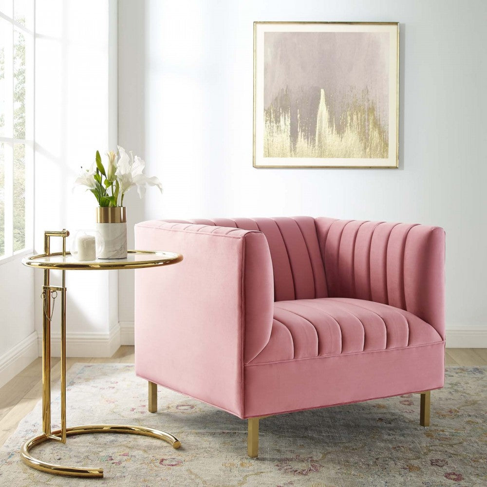 Shift Channel Tufted Performance Velvet Armchair, Dusty Rose