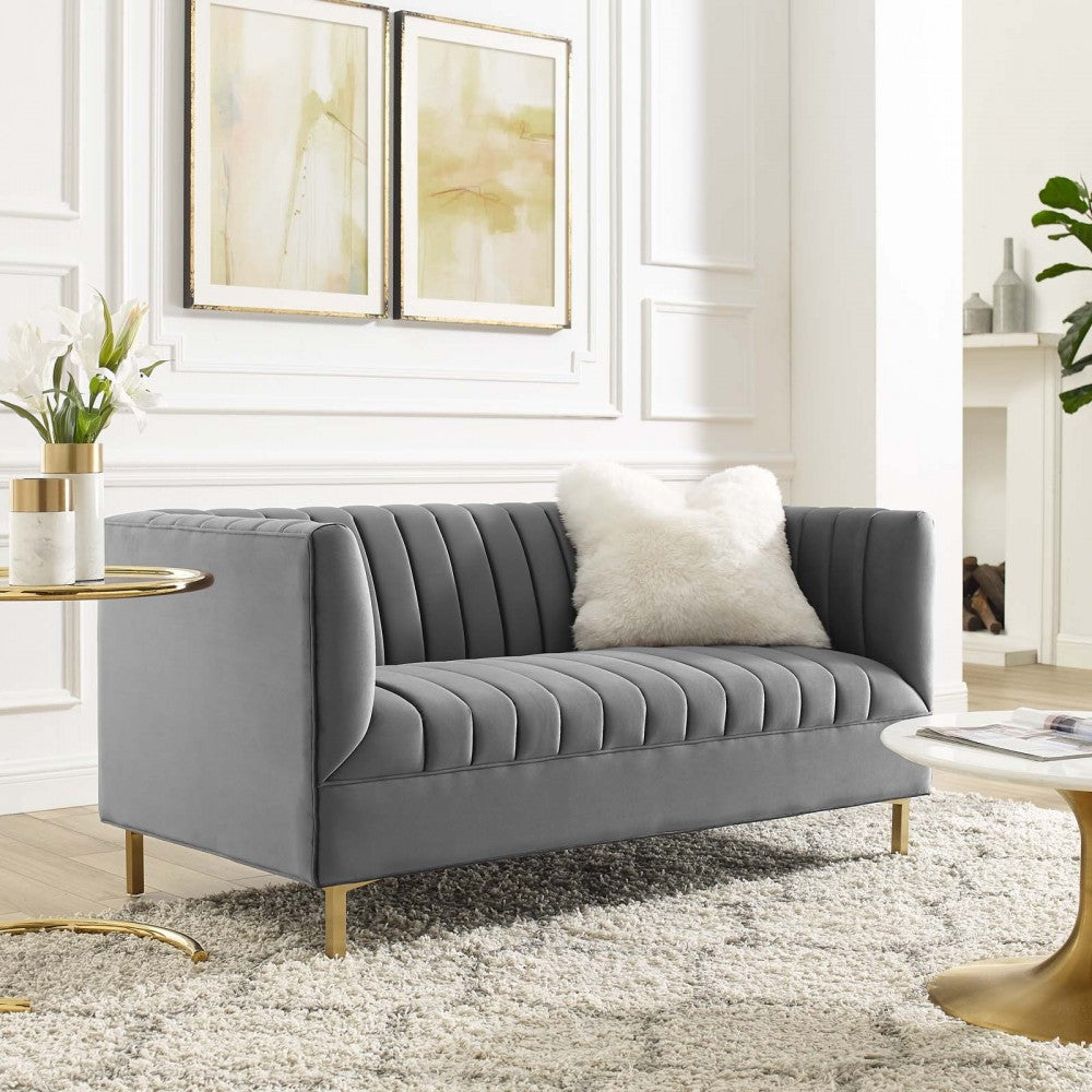 Shift Channel Tufted Performance Velvet Loveseat, Gray