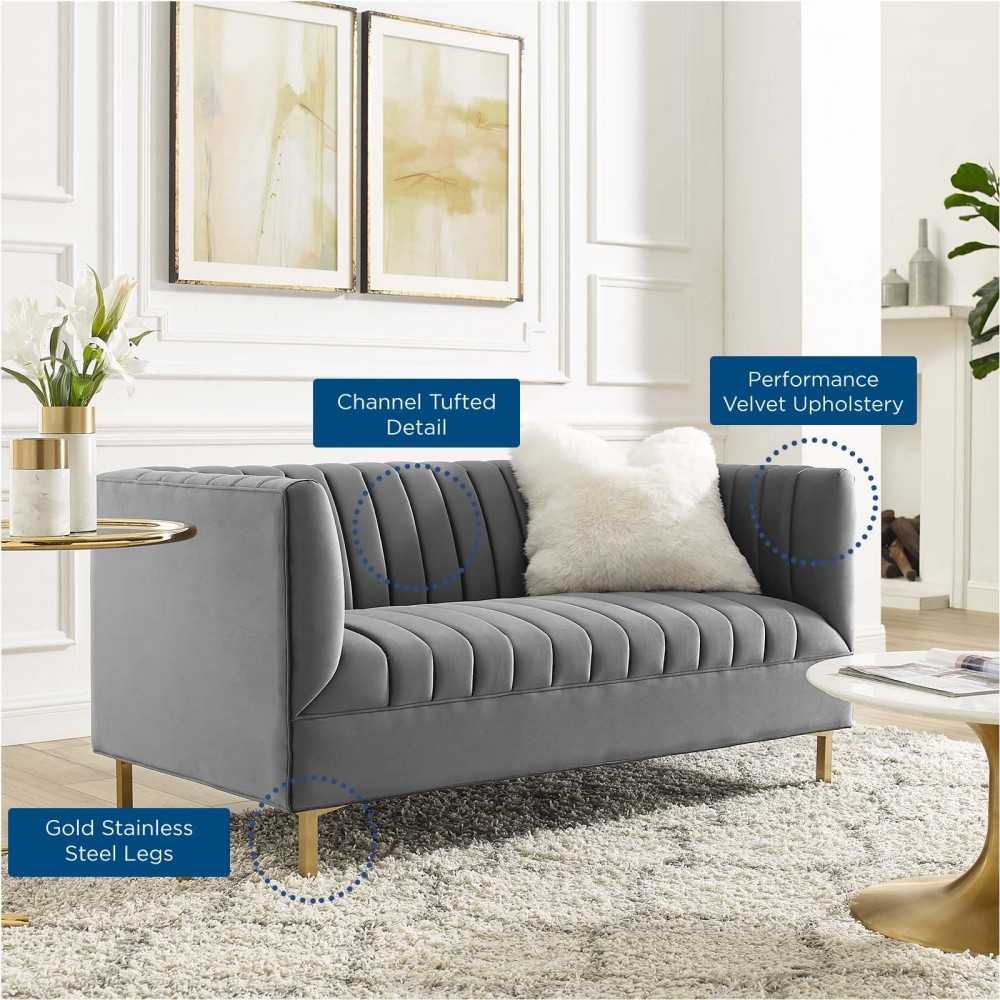 Shift Channel Tufted Performance Velvet Loveseat, Gray