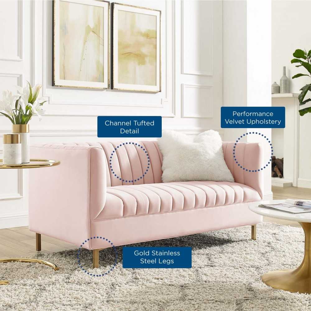 Shift Channel Tufted Performance Velvet Loveseat, Pink