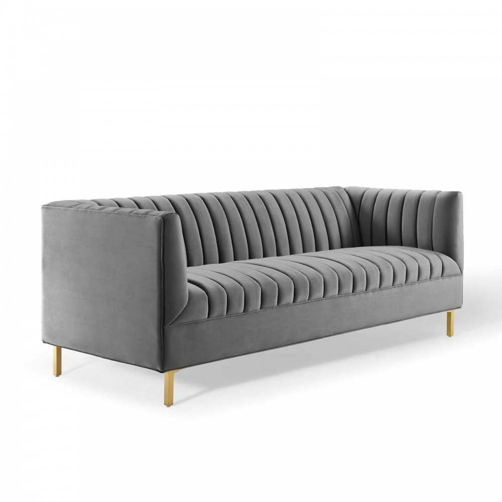 Shift Channel Tufted Performance Velvet Sofa, Gray