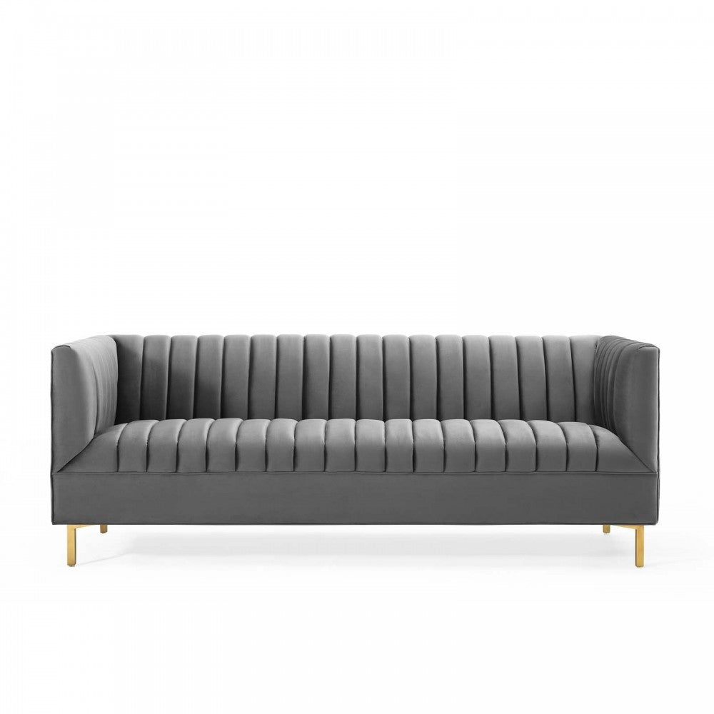 Shift Channel Tufted Performance Velvet Sofa, Gray