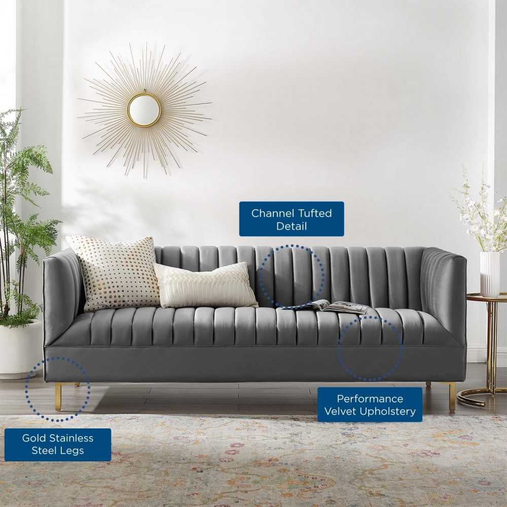 Shift Channel Tufted Performance Velvet Sofa, Gray