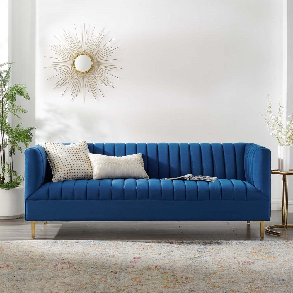 Shift Channel Tufted Performance Velvet Sofa, Navy