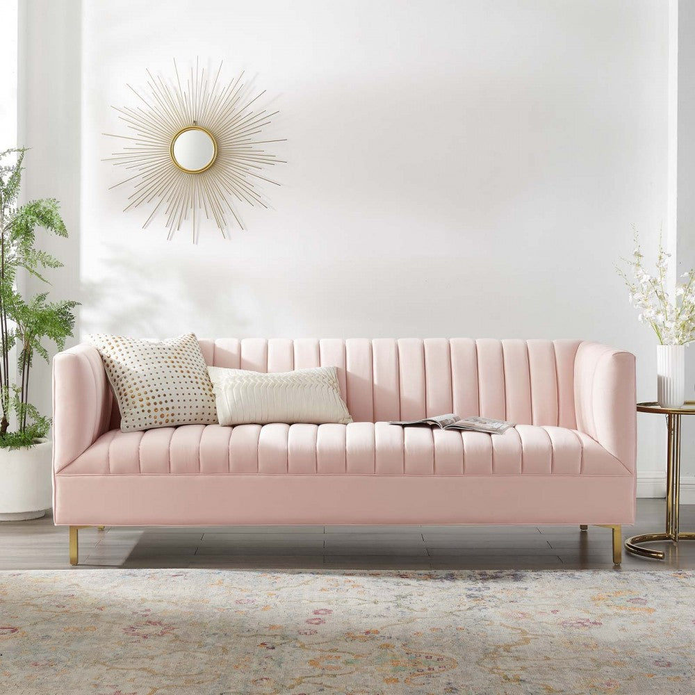 Shift Channel Tufted Performance Velvet Sofa, Pink