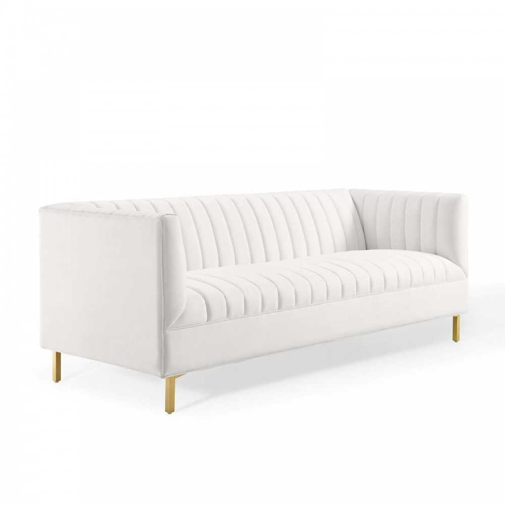 Shift Channel Tufted Performance Velvet Sofa, White