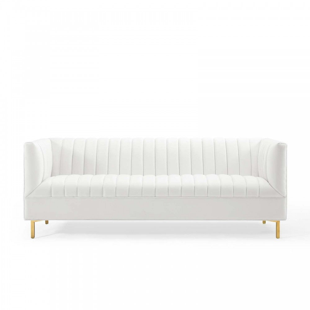 Shift Channel Tufted Performance Velvet Sofa, White