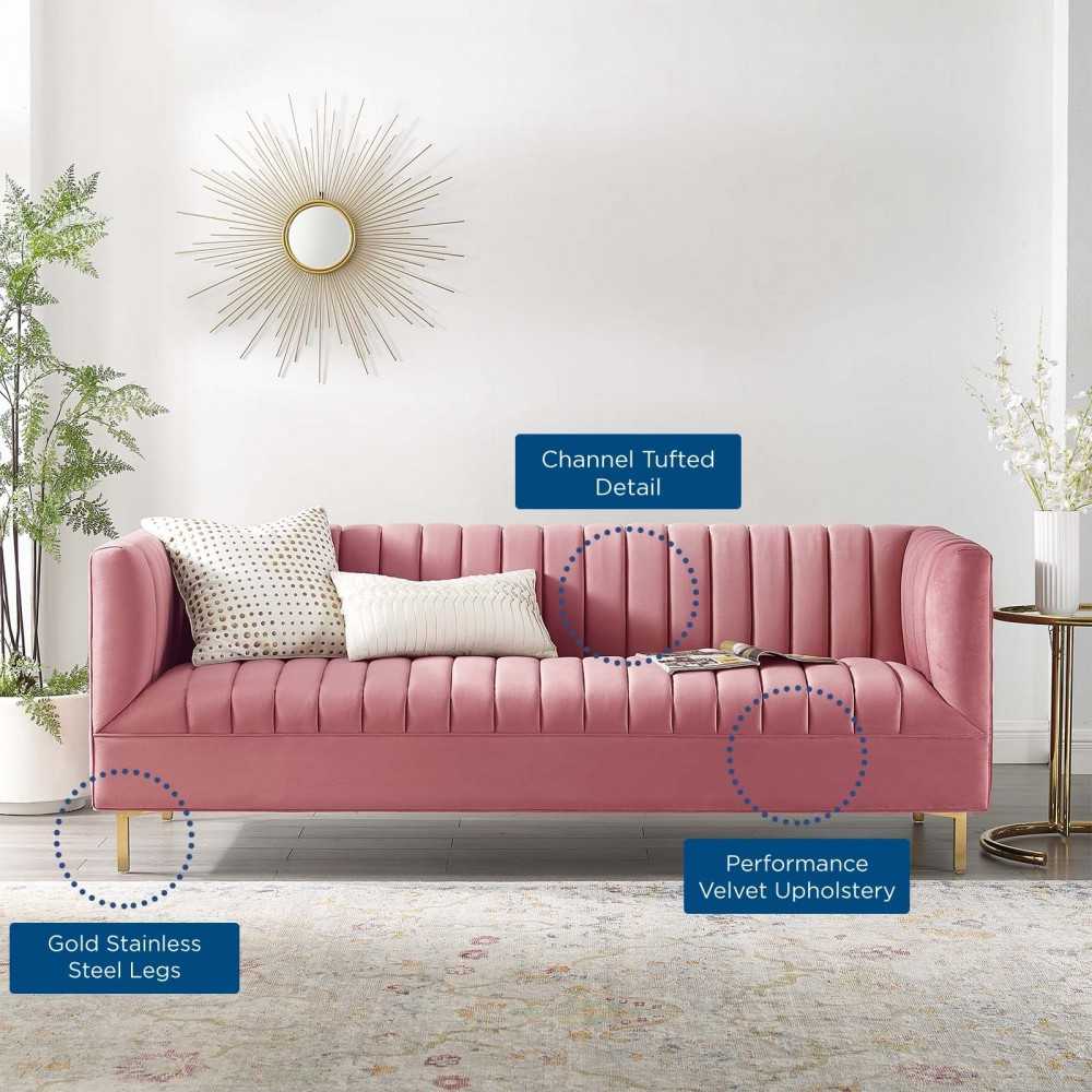 Shift Channel Tufted Performance Velvet Sofa, Dusty Rose