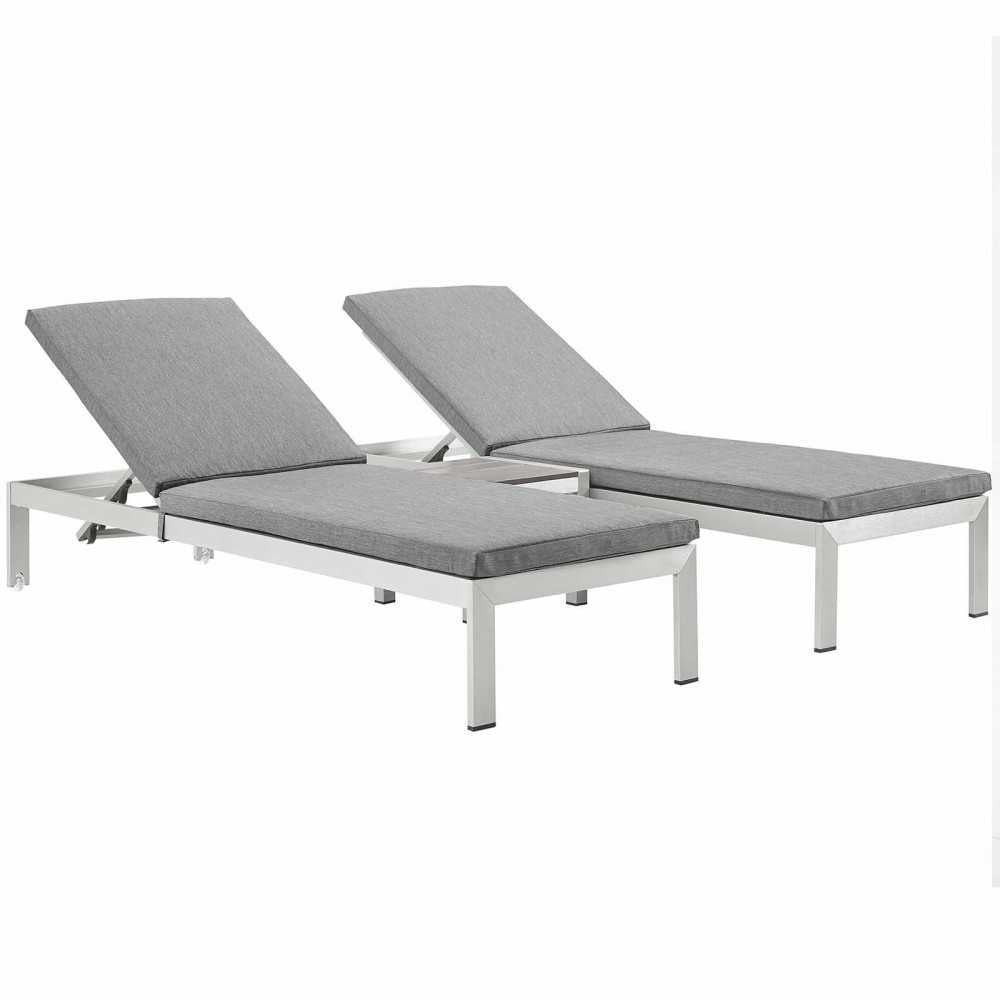Shore 3 Piece Outdoor Patio Aluminum Chaise with Cushions, Silver Gray