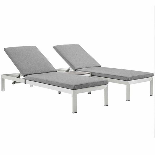 Shore 3 Piece Outdoor Patio Aluminum Chaise with Cushions, Silver Gray