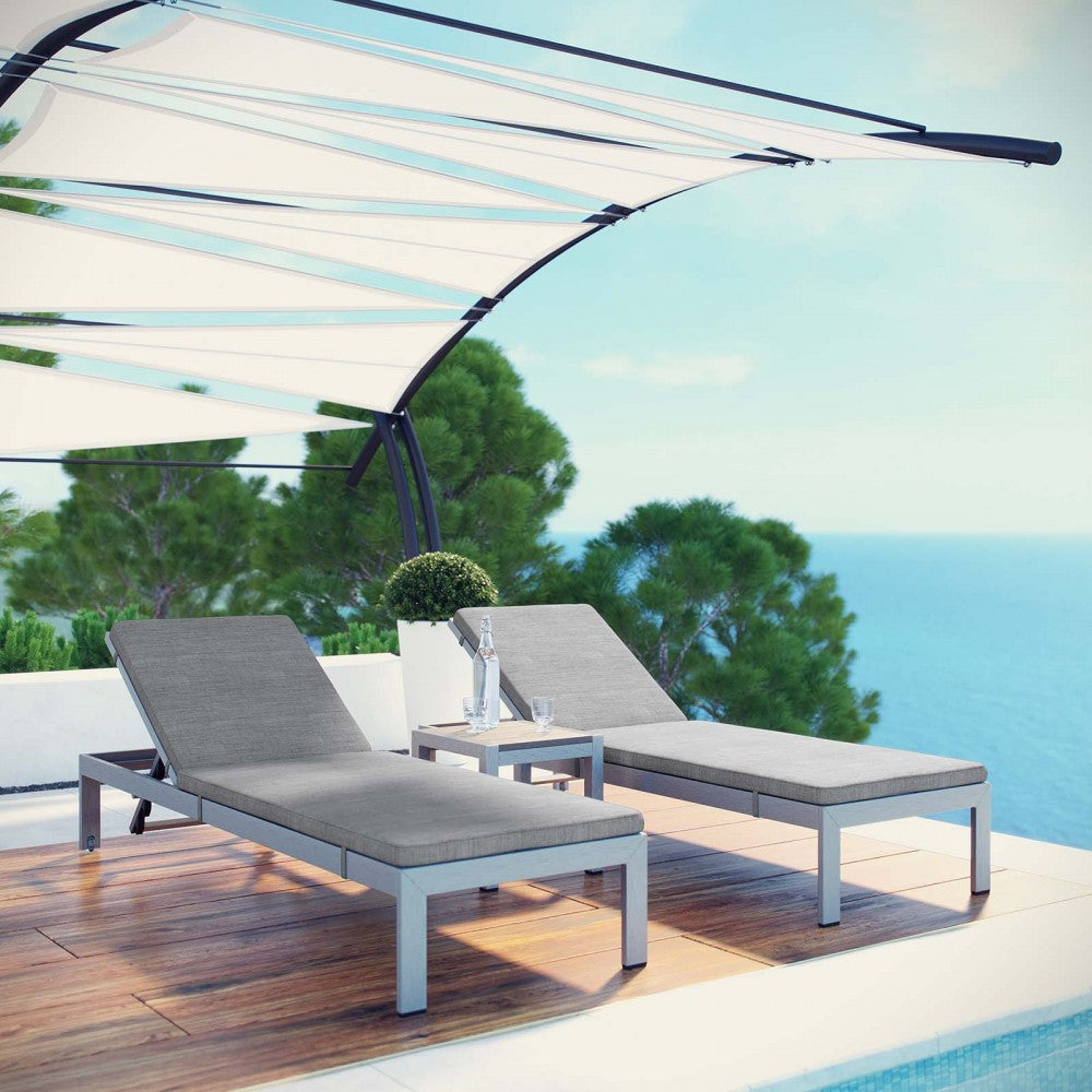Shore 3 Piece Outdoor Patio Aluminum Chaise with Cushions, Silver Gray