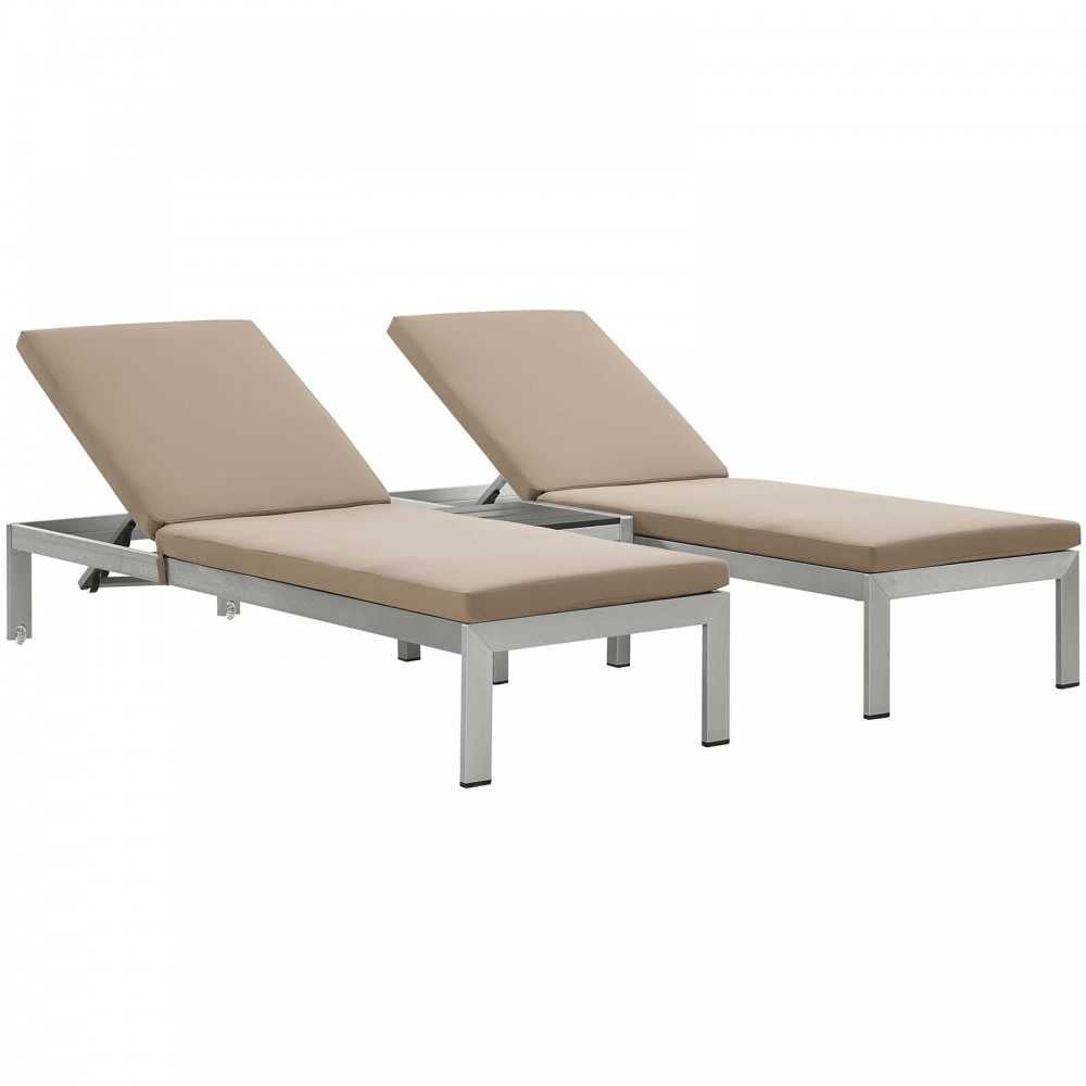 Shore 3 Piece Outdoor Patio Aluminum Chaise with Cushions, Silver Mocha