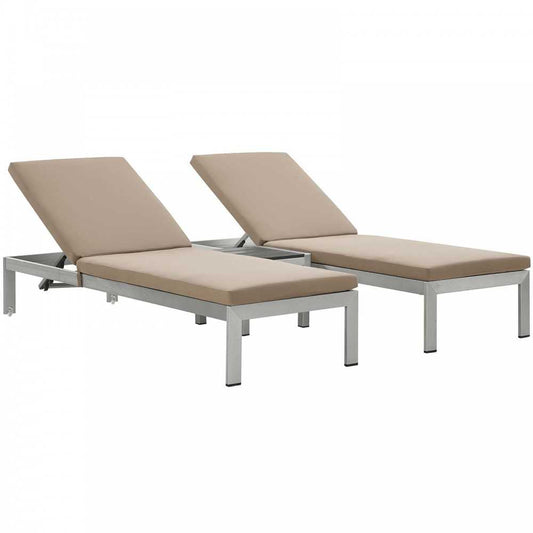 Shore 3 Piece Outdoor Patio Aluminum Chaise with Cushions, Silver Mocha