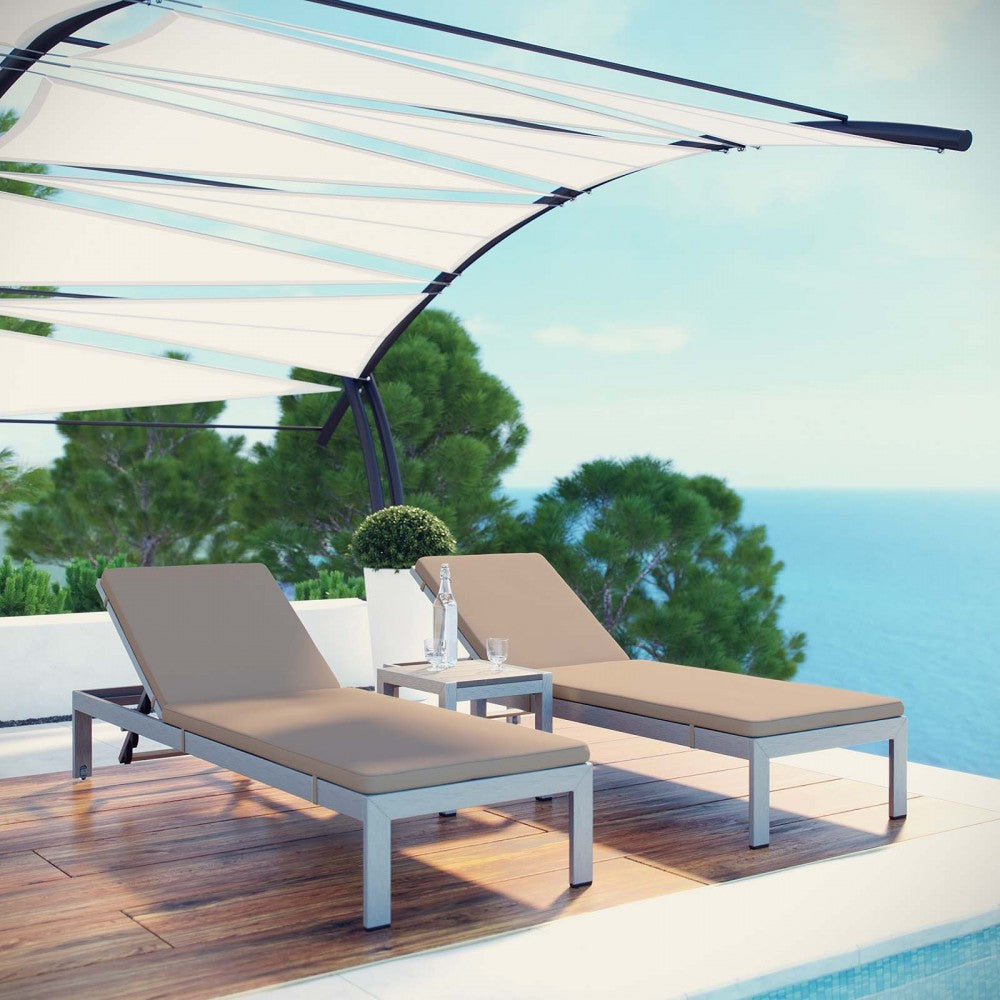 Shore 3 Piece Outdoor Patio Aluminum Chaise with Cushions, Silver Mocha