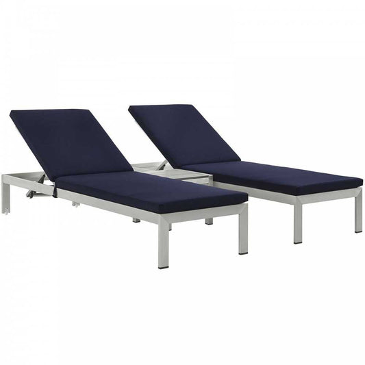 Shore 3 Piece Outdoor Patio Aluminum Chaise with Cushions, Silver Navy