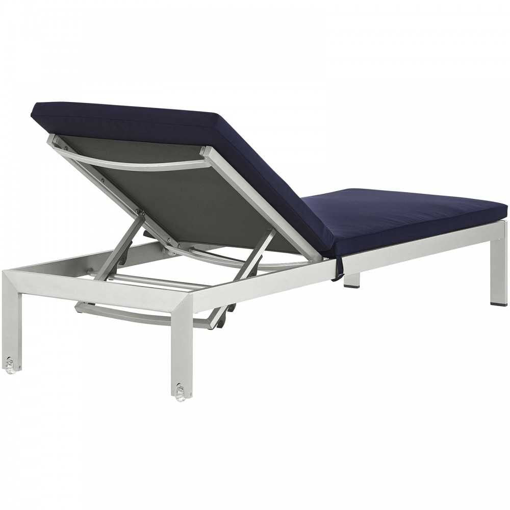 Shore 3 Piece Outdoor Patio Aluminum Chaise with Cushions, Silver Navy