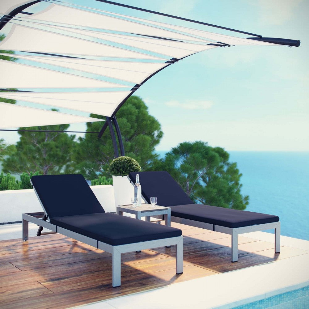 Shore 3 Piece Outdoor Patio Aluminum Chaise with Cushions, Silver Navy