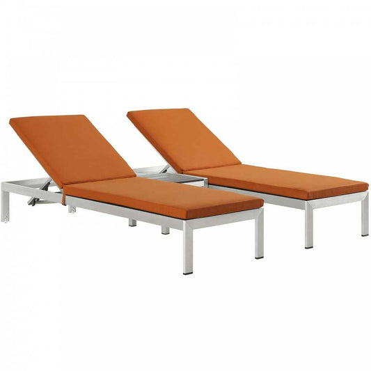 Shore 3 Piece Outdoor Patio Aluminum Chaise with Cushions, Silver Orange