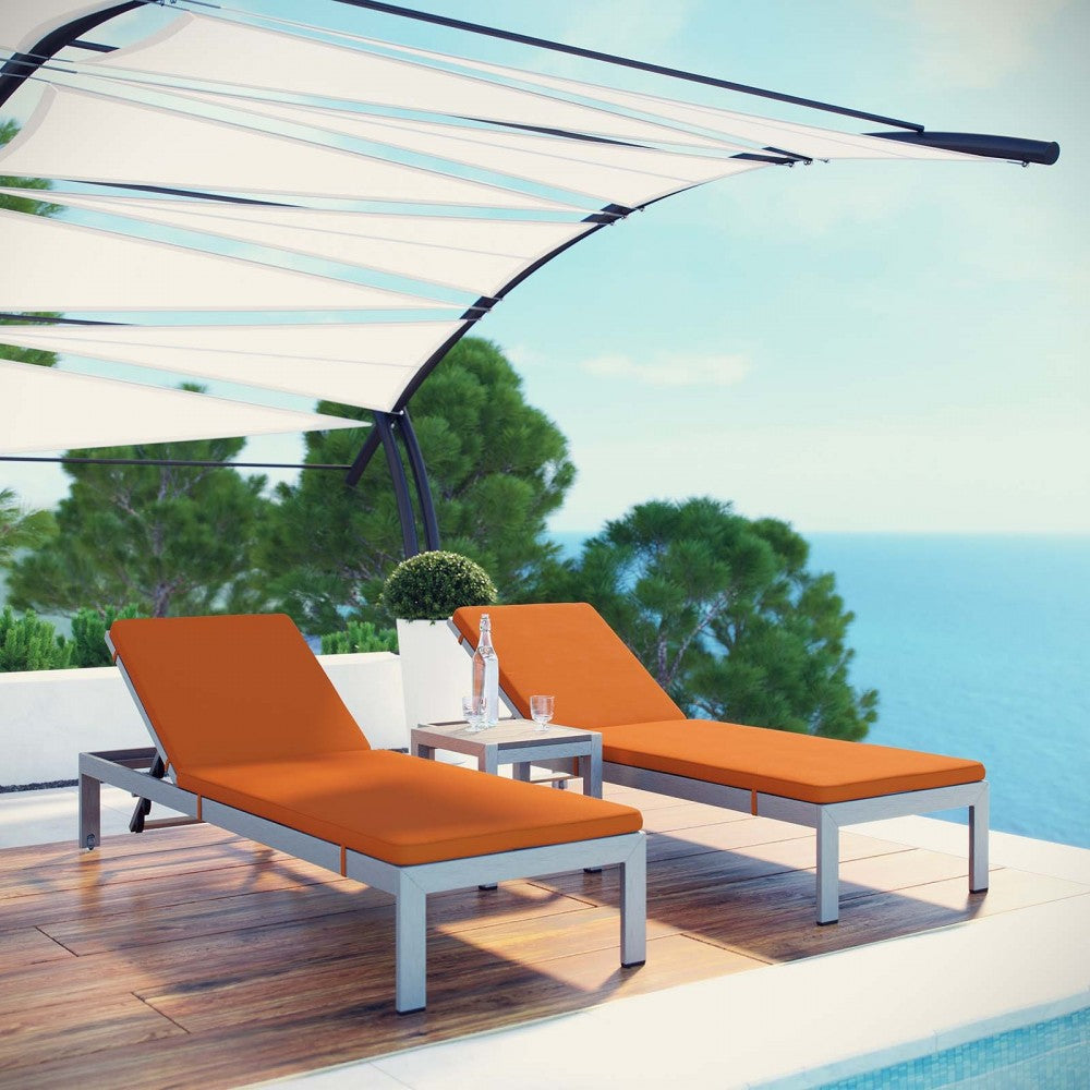 Shore 3 Piece Outdoor Patio Aluminum Chaise with Cushions, Silver Orange