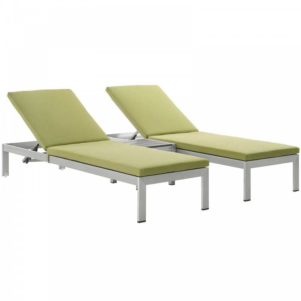 Shore 3 Piece Outdoor Patio Aluminum Chaise with Cushions, Silver Peridot