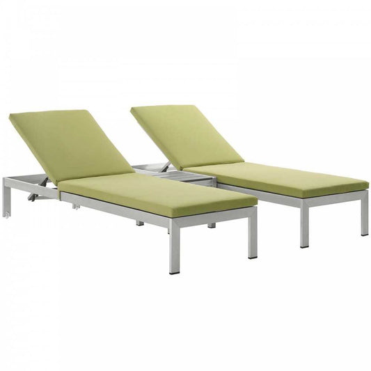 Shore 3 Piece Outdoor Patio Aluminum Chaise with Cushions, Silver Peridot