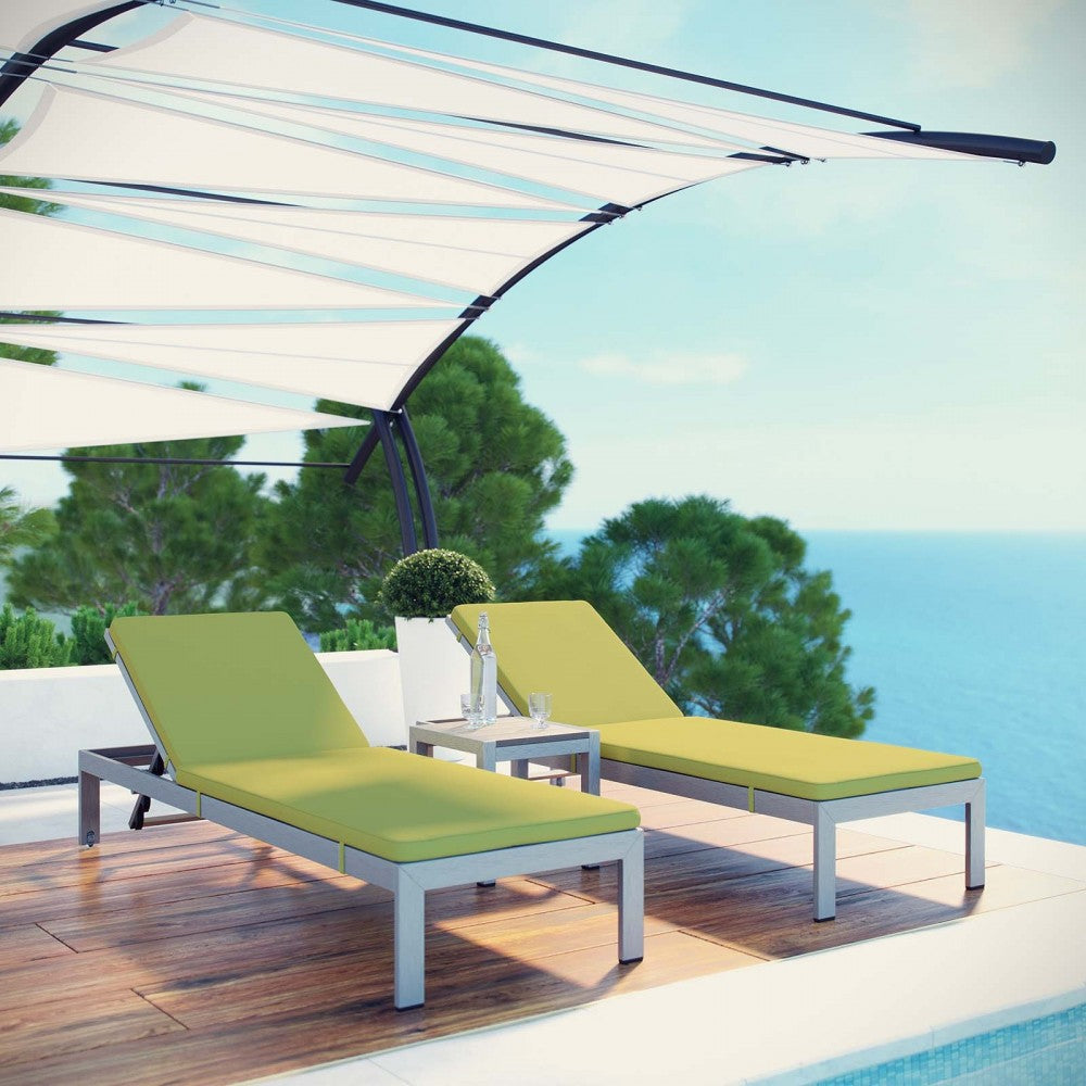 Shore 3 Piece Outdoor Patio Aluminum Chaise with Cushions, Silver Peridot
