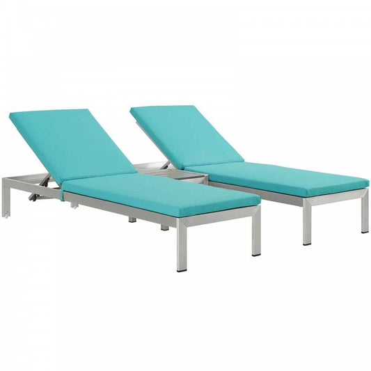 Shore 3 Piece Outdoor Patio Aluminum Chaise with Cushions, Silver Turquoise