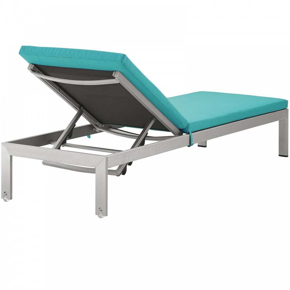 Shore 3 Piece Outdoor Patio Aluminum Chaise with Cushions, Silver Turquoise