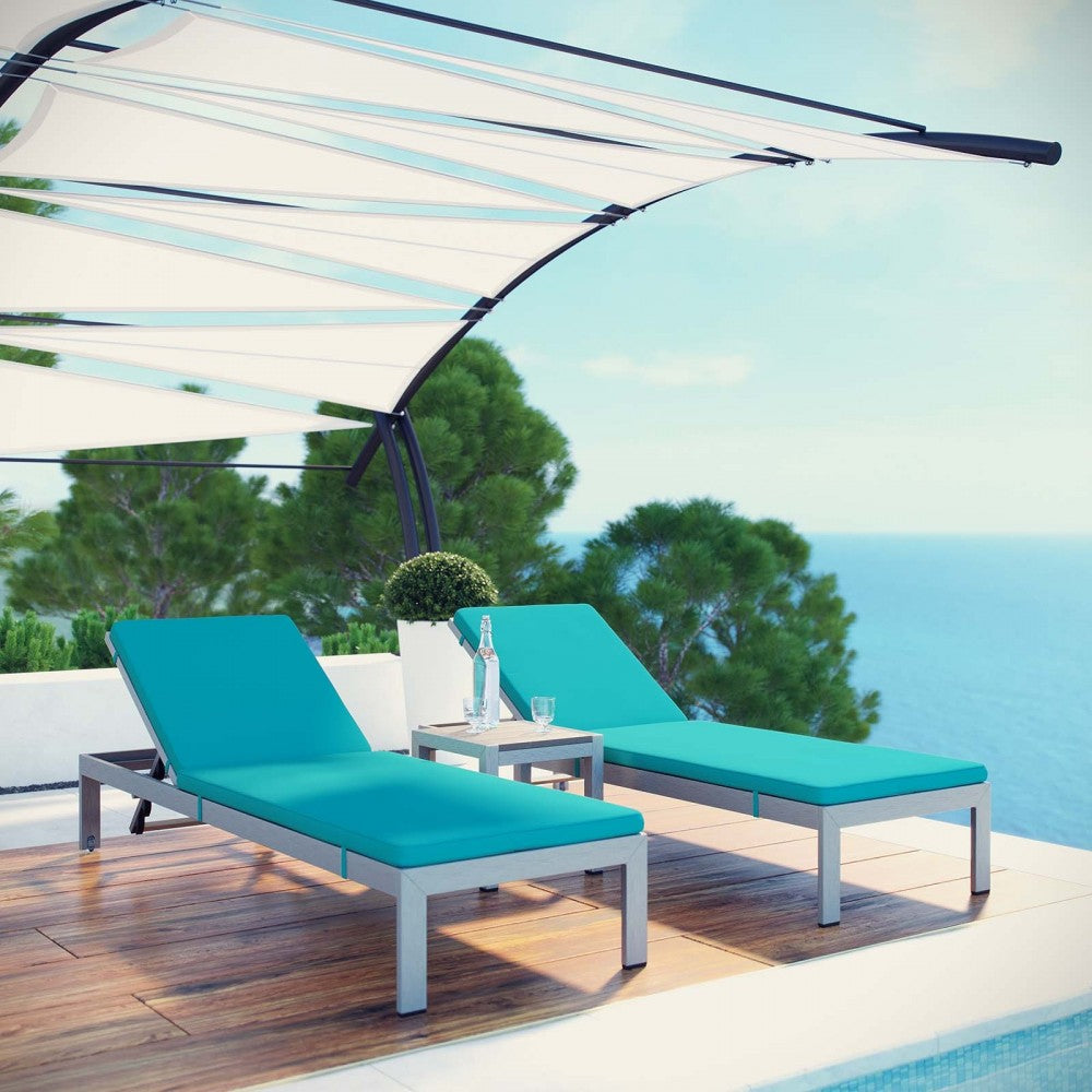 Shore 3 Piece Outdoor Patio Aluminum Chaise with Cushions, Silver Turquoise