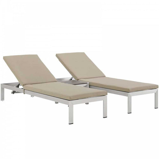 Shore 3 Piece Outdoor Patio Aluminum Chaise with Cushions, Silver Beige