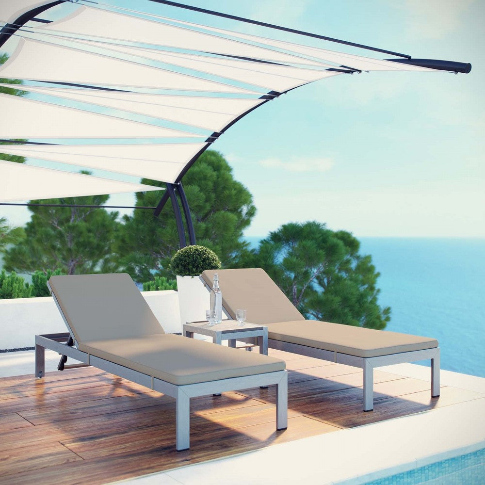 Shore 3 Piece Outdoor Patio Aluminum Chaise with Cushions, Silver Beige