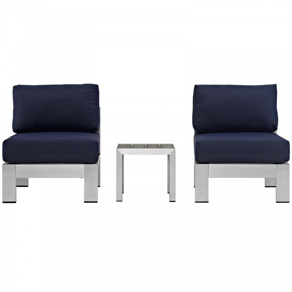 Shore 3 Piece Outdoor Patio Aluminum Sectional Sofa Set, Silver Navy