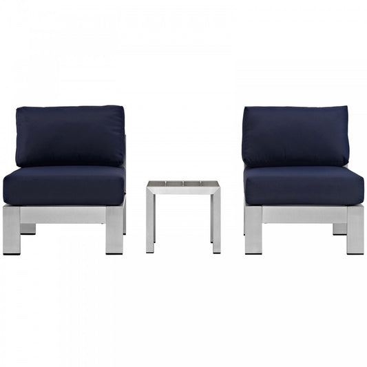 Shore 3 Piece Outdoor Patio Aluminum Sectional Sofa Set, Silver Navy