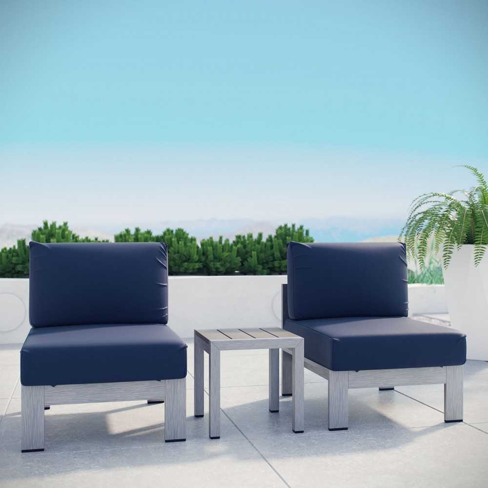 Shore 3 Piece Outdoor Patio Aluminum Sectional Sofa Set, Silver Navy