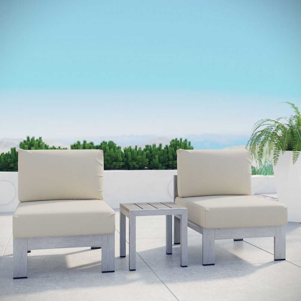 Shore 3 Piece Outdoor Patio Aluminum Sectional Sofa Set, Silver Beige
