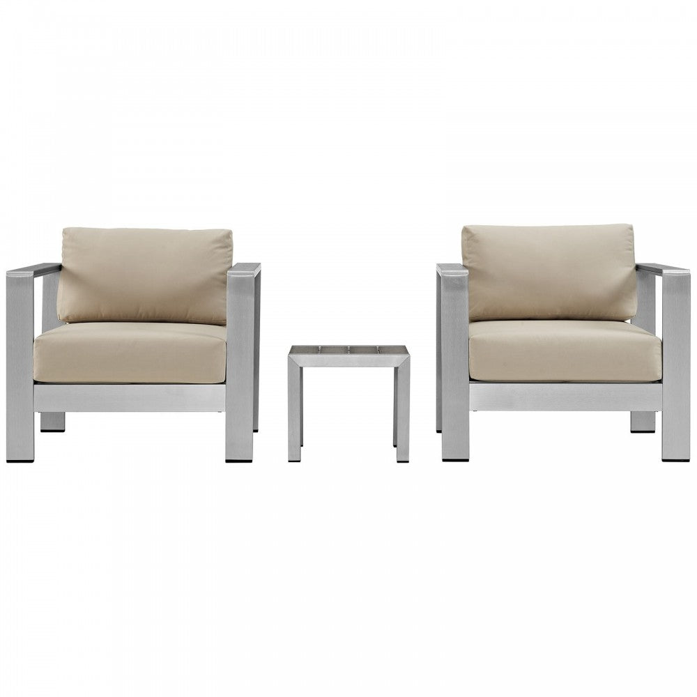 Shore 3 Piece Outdoor Patio Aluminum Set, Silver Beige