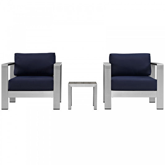 Shore 3 Piece Outdoor Patio Aluminum Set, Silver Navy