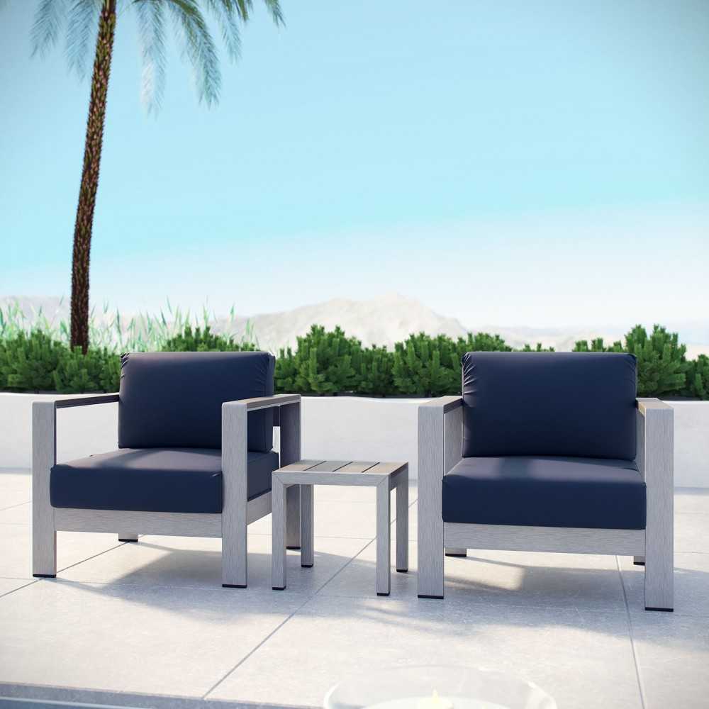 Shore 3 Piece Outdoor Patio Aluminum Set, Silver Navy