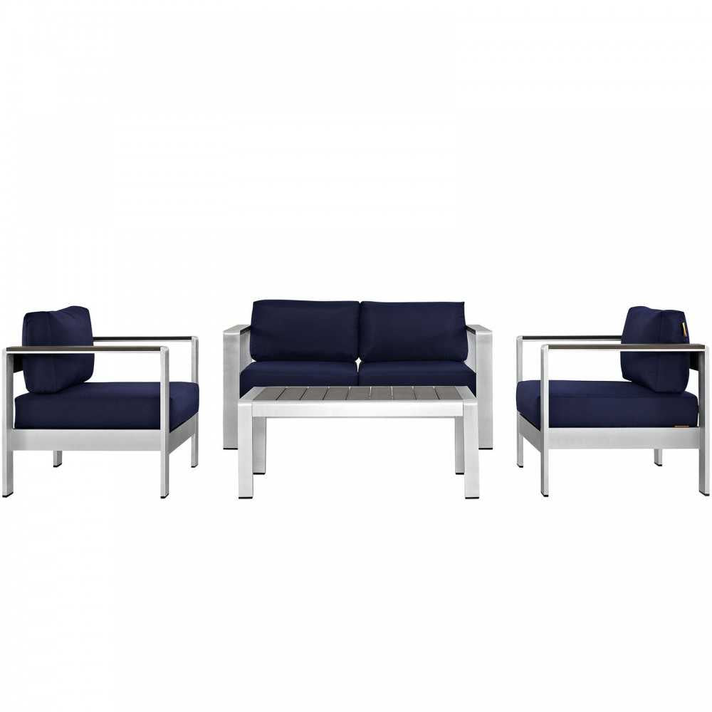 Shore 4 Piece Outdoor Patio Aluminum Sectional Sofa Set, Silver Navy, EEI-2567-SLV-NAV