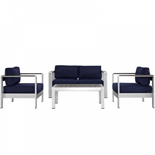 Shore 4 Piece Outdoor Patio Aluminum Sectional Sofa Set, Silver Navy, EEI-2567-SLV-NAV