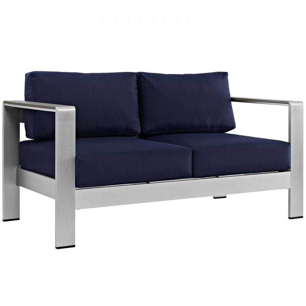 Shore 4 Piece Outdoor Patio Aluminum Sectional Sofa Set, Silver Navy, EEI-2567-SLV-NAV