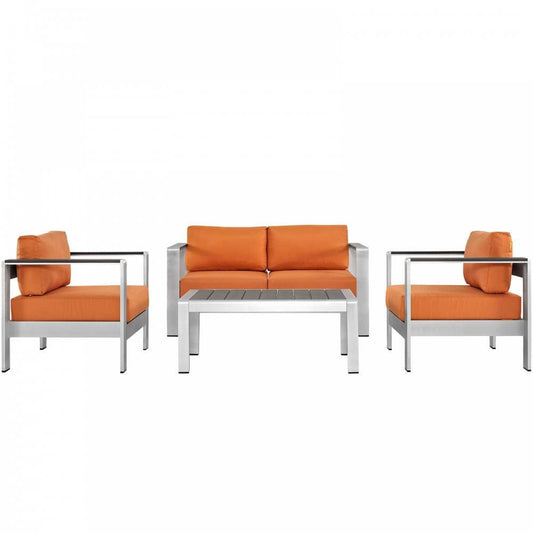 Shore 4 Piece Outdoor Patio Aluminum Sectional Sofa Set, Silver Orange, EEI-2567-SLV-ORA