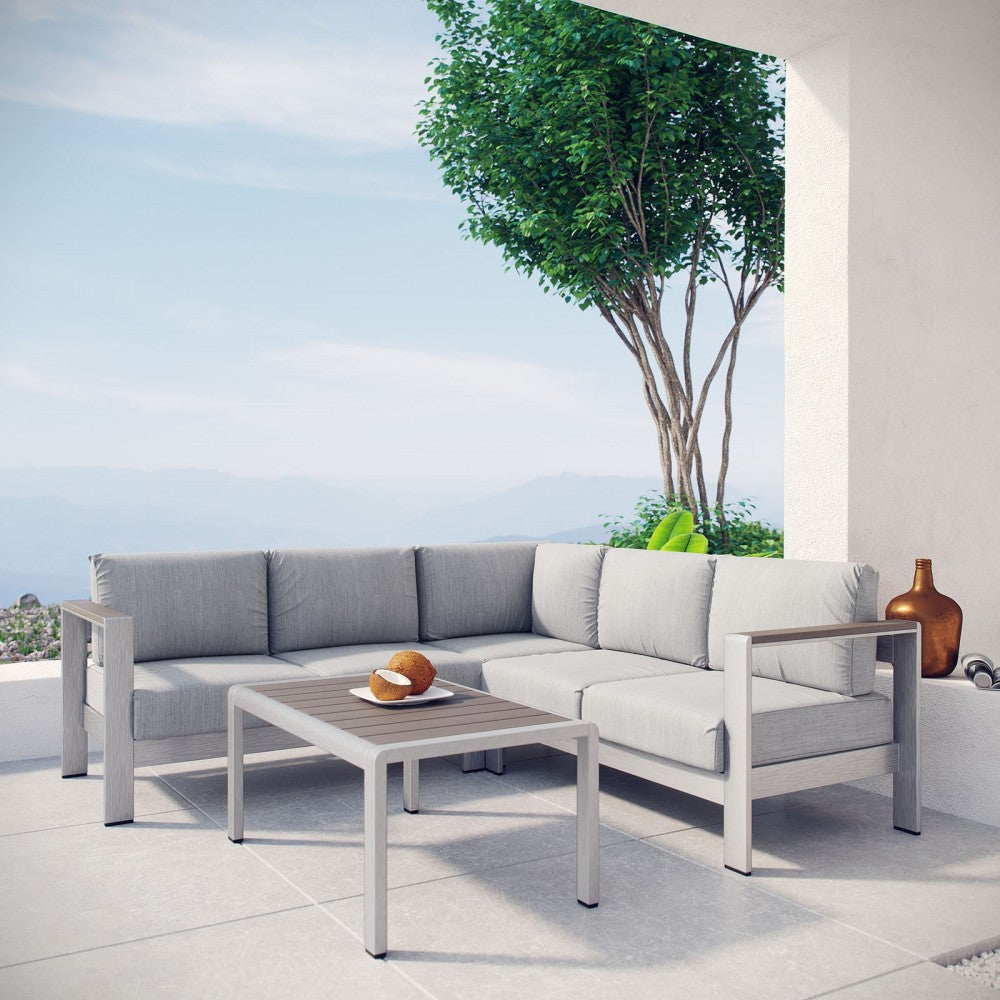 Shore 4 Piece Outdoor Patio Aluminum Sectional Sofa Set, Silver Gray, EEI-2559-SLV-GRY