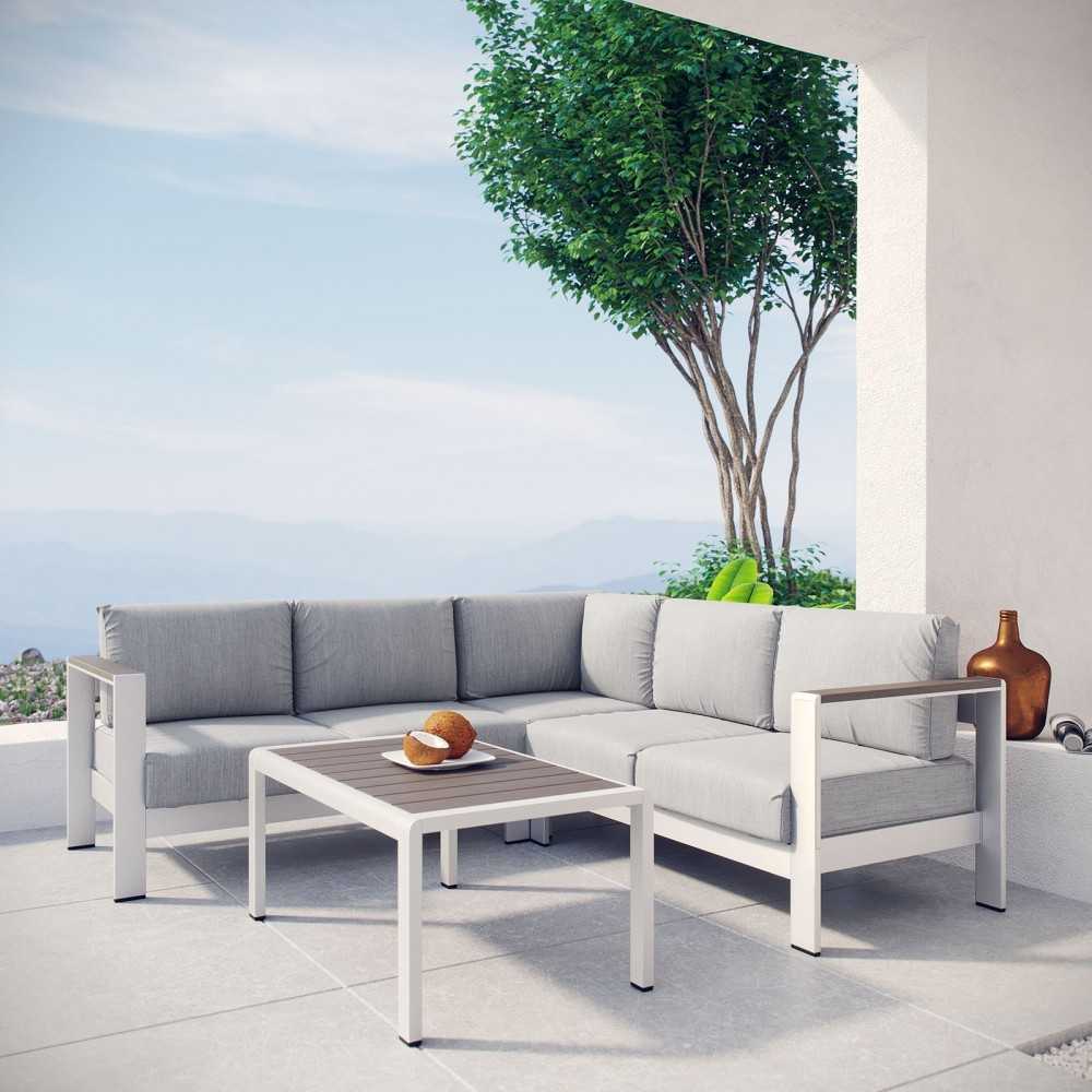Shore 4 Piece Outdoor Patio Aluminum Sectional Sofa Set, Silver Gray, EEI-2559-SLV-GRY