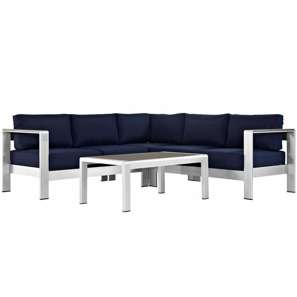 Shore 4 Piece Outdoor Patio Aluminum Sectional Sofa Set, Silver Navy, EEI-2559-SLV-NAV