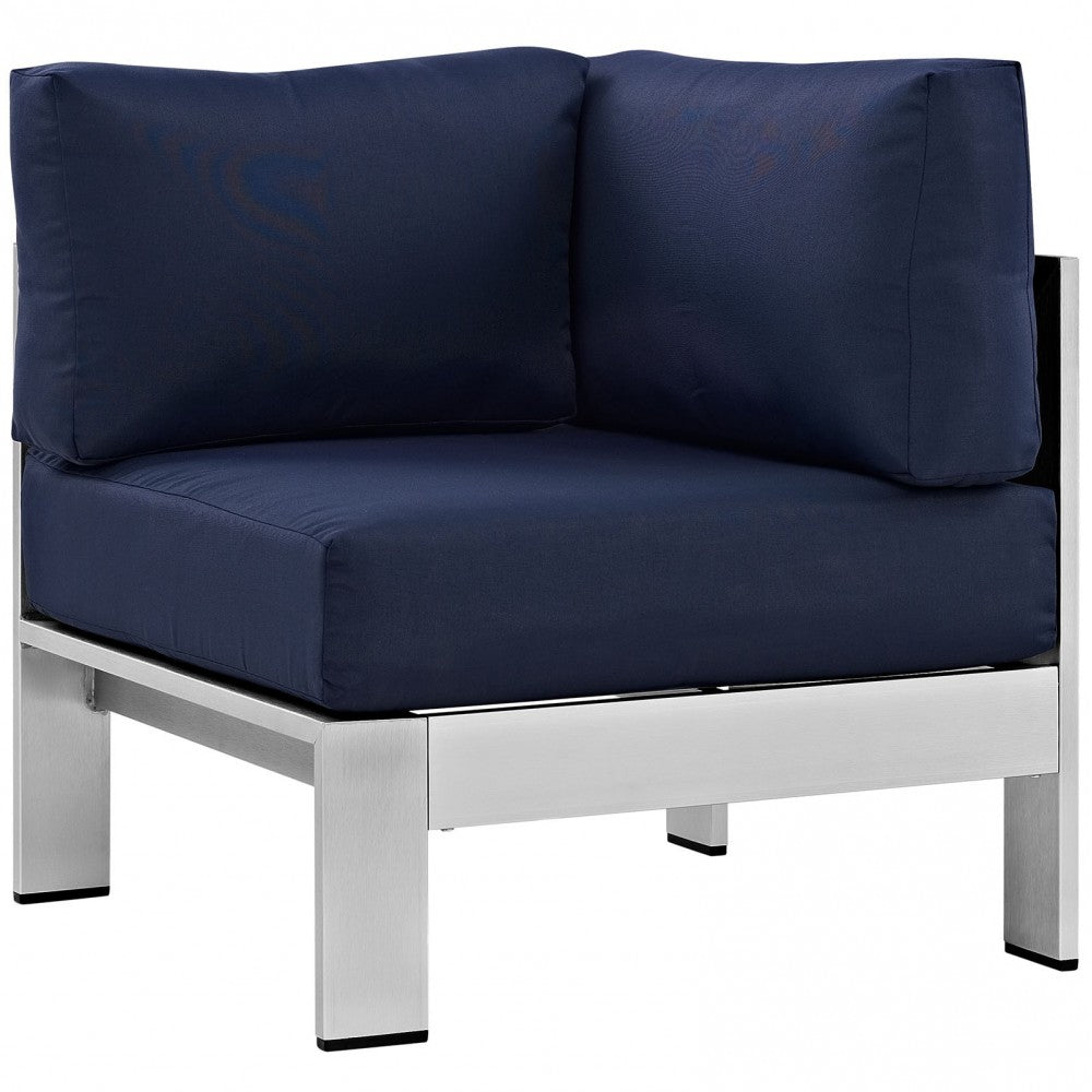 Shore 4 Piece Outdoor Patio Aluminum Sectional Sofa Set, Silver Navy, EEI-2559-SLV-NAV