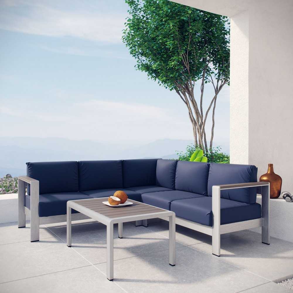Shore 4 Piece Outdoor Patio Aluminum Sectional Sofa Set, Silver Navy, EEI-2559-SLV-NAV