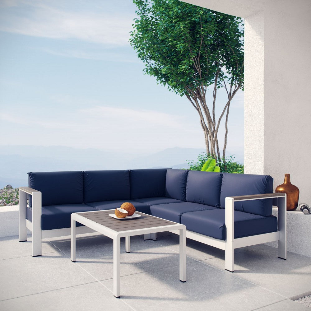 Shore 4 Piece Outdoor Patio Aluminum Sectional Sofa Set, Silver Navy, EEI-2559-SLV-NAV