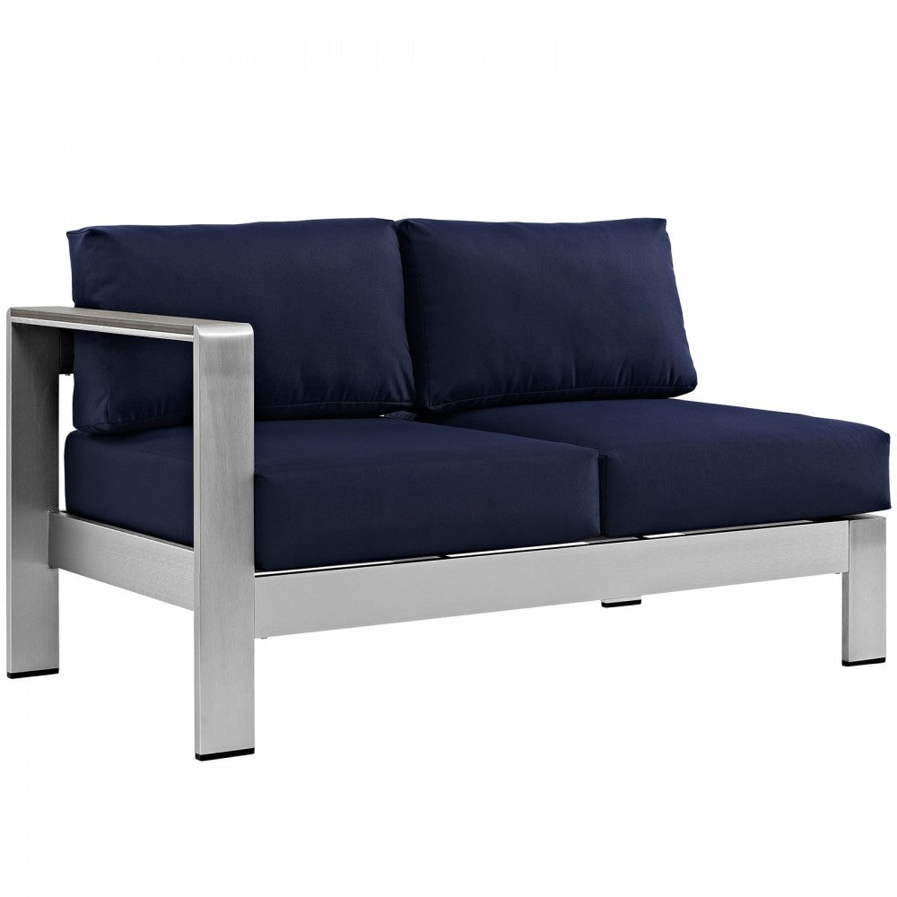 Shore 4 Piece Outdoor Patio Aluminum Sectional Sofa Set, Silver Navy, EEI-2559-SLV-NAV