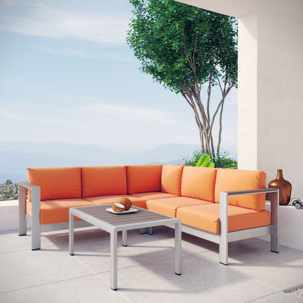 Shore 4 Piece Outdoor Patio Aluminum Sectional Sofa Set, Silver Orange, EEI-2559-SLV-ORA